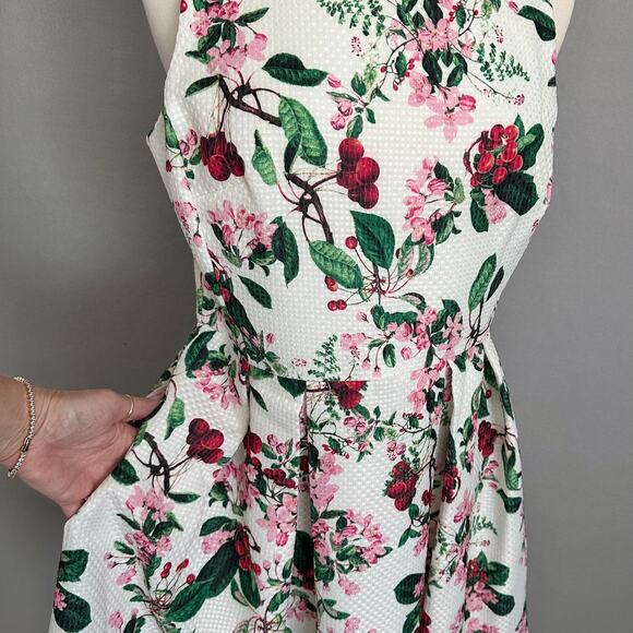 Julian Taylor Cherry Blossom Fit Flare Sundress Sz 12 Sleeveless Pleats Pockets - Picture 2 of 12